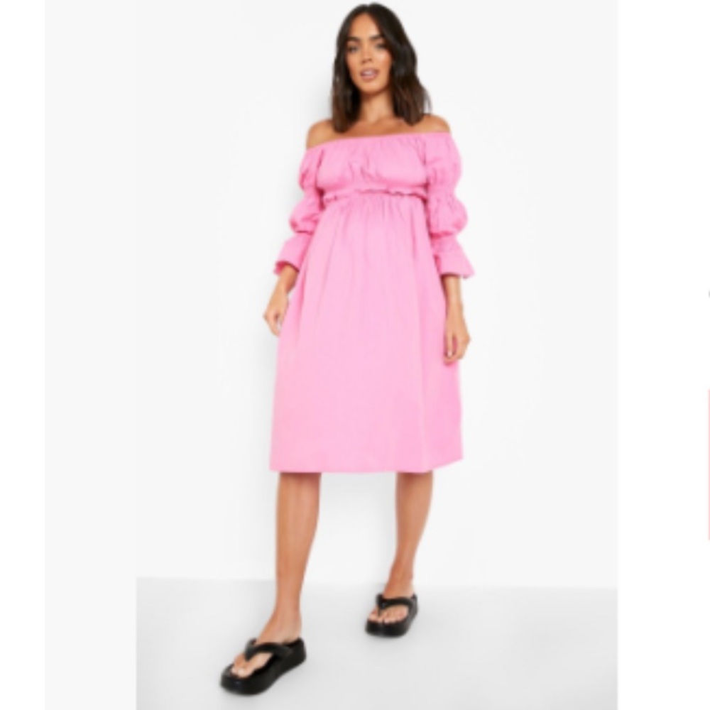 MATERNITY OFF THE SHOULDER COTTON MIDI DRESS PINK NWT